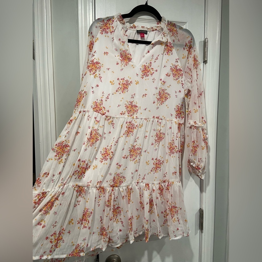 NWT Vince Camuto Size M White Floral Ruffle Flowy Long Sleeve Sheer Mini Dress - Picture 6 of 14